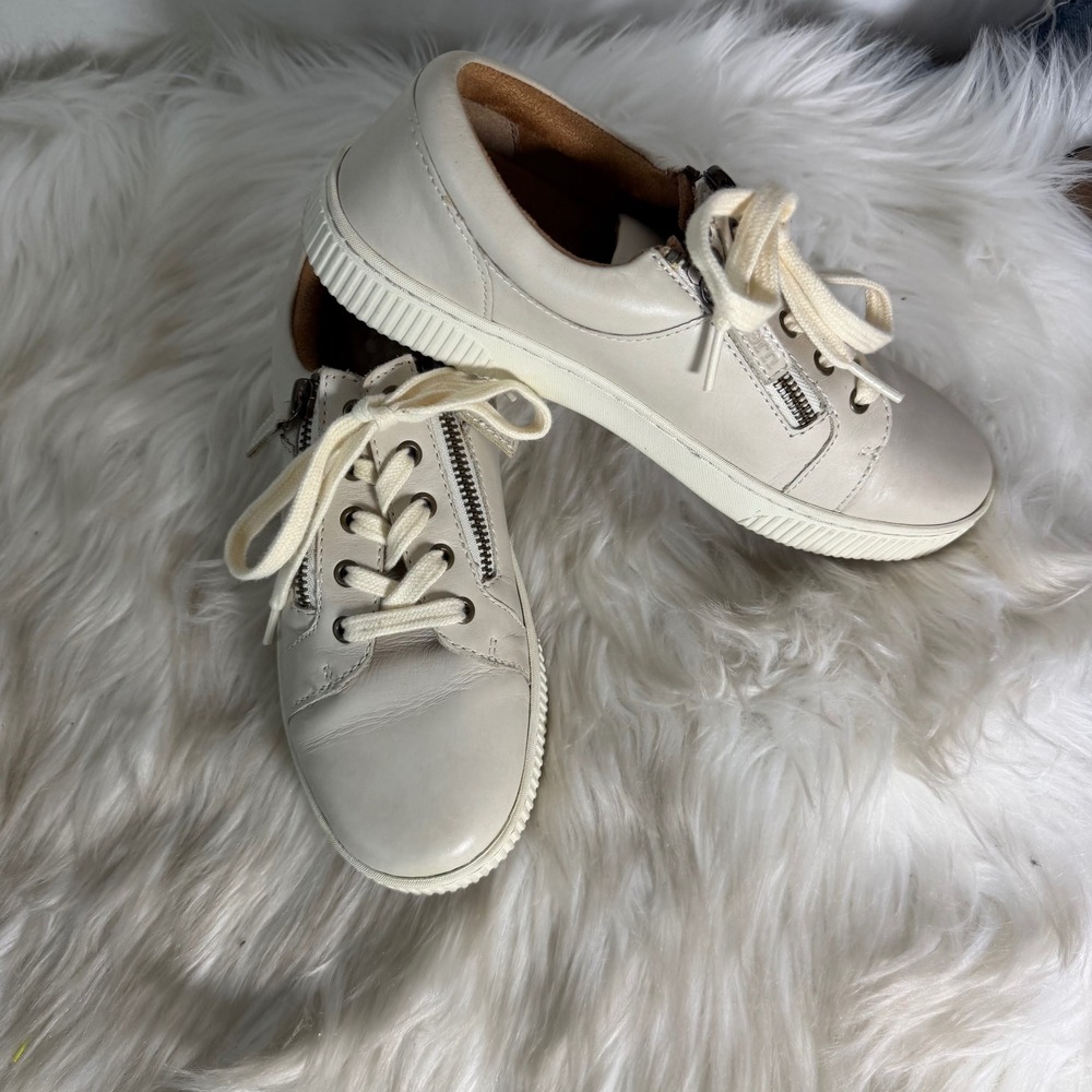 Born‎ Womens Cream Leather Low Top Sneakers Side Zip Lace Up Shoes